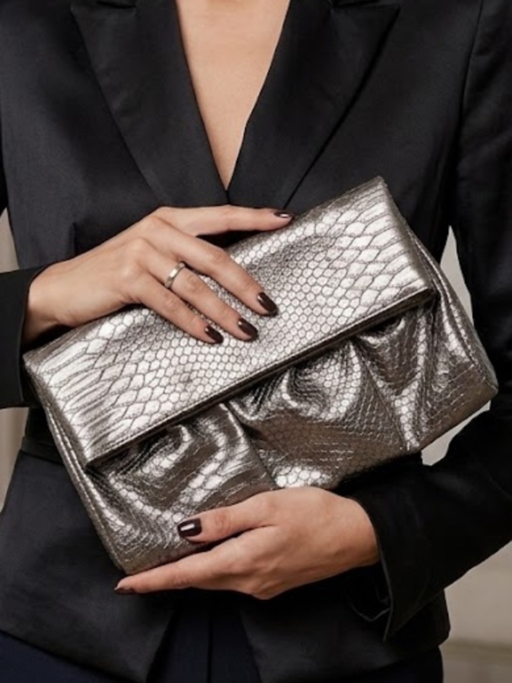 Style & Co. Silver/Grey/Platinum Snakeskin Fold Over Clutch